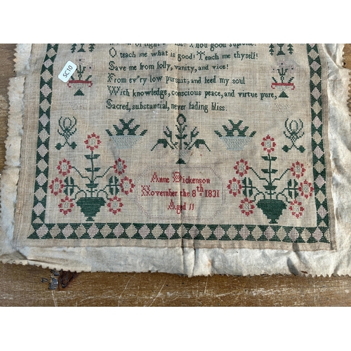 245 - A 19th century unframed sampler by Anne Dickenson, November 8th, 1831, aged 11 - approx. 46cm high x... 