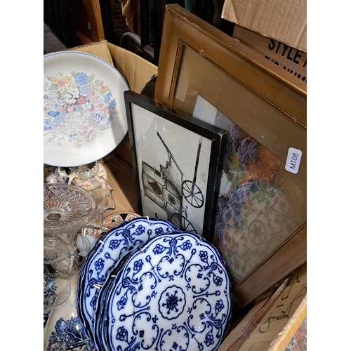 1124 - A box containing Victorian Majolica leaf dish, blue and white pattern dishes, oil on board of a Lake... 