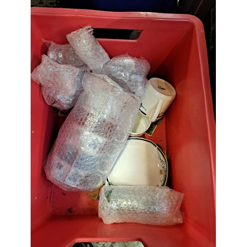 1130 - Three boxes containing wickerware, glassware, ceramics, wedding dress etc.