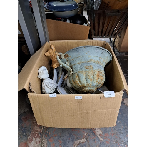 1131 - A box containing cast metal urn planter, Adderley Chinese Blossom tea set, cottageware etc.