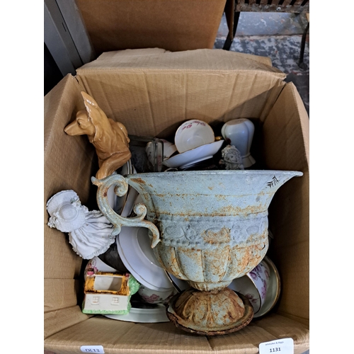 1131 - A box containing cast metal urn planter, Adderley Chinese Blossom tea set, cottageware etc.