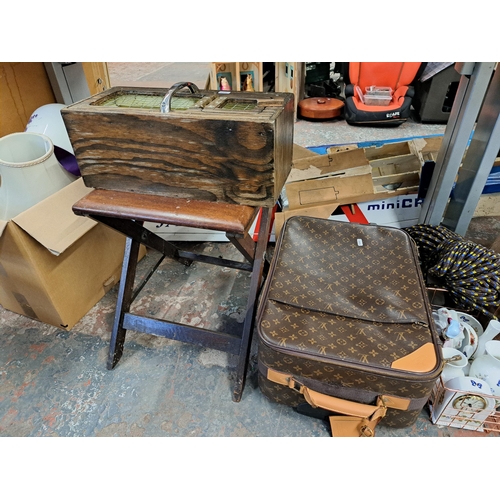 1140 - A large collection of house clearance items to include 19th century copper coal scuttle with ceramic... 