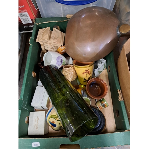 1144 - Four boxes containing Victorian copper and brass bed warming pan, ceramics, glassware etc.