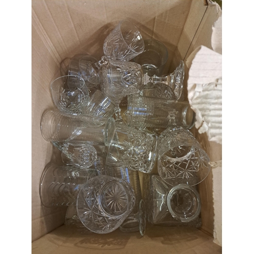 1146 - Five boxes containing DVDs, CDs, Royal Doulton coaching scenes dish, cut crystal glassware, Royal Do... 