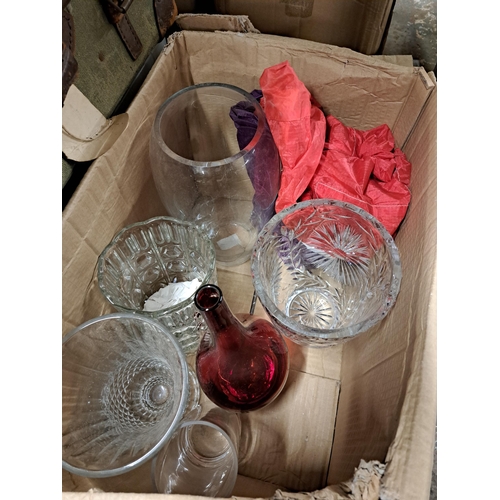 1148 - Four boxes and one vintage suitcase containing boxed Felixstowe candle holder, cut crystal glassware... 