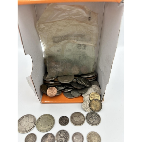 2358 - A collection of mostly British coins with silver examples to include 92.5% 1887 florin, two shilling... 