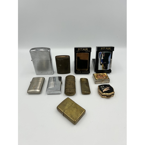 2369 - Eleven pieces of tobacciana to include Zippo brass lighter, Mosda brass lighter etc.