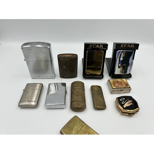 2369 - Eleven pieces of tobacciana to include Zippo brass lighter, Mosda brass lighter etc.