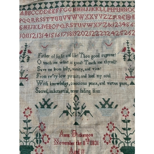 245 - A 19th century unframed sampler by Anne Dickenson, November 8th, 1831, aged 11 - approx. 46cm high x... 