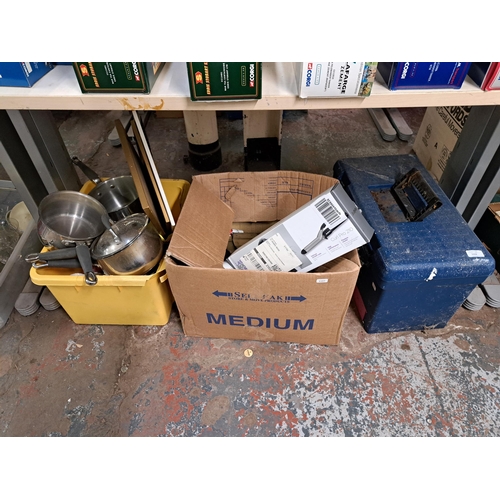 1153 - Five boxes containing kitchen ware, cut crystal glassware, Wightwick Pottery jugs, Burlington Ware, ... 