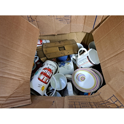 1153 - Five boxes containing kitchen ware, cut crystal glassware, Wightwick Pottery jugs, Burlington Ware, ... 