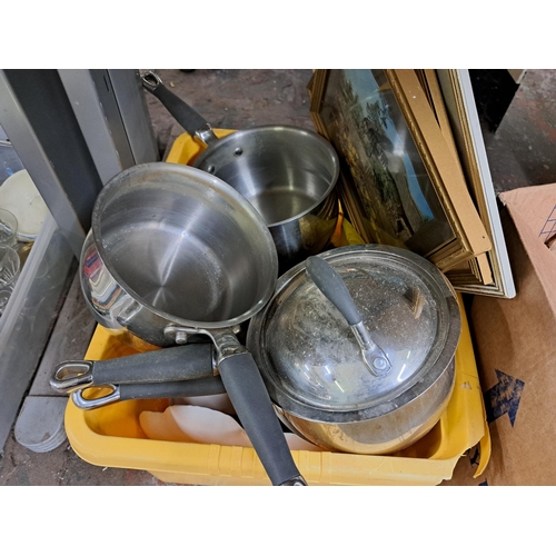 1153 - Five boxes containing kitchen ware, cut crystal glassware, Wightwick Pottery jugs, Burlington Ware, ... 