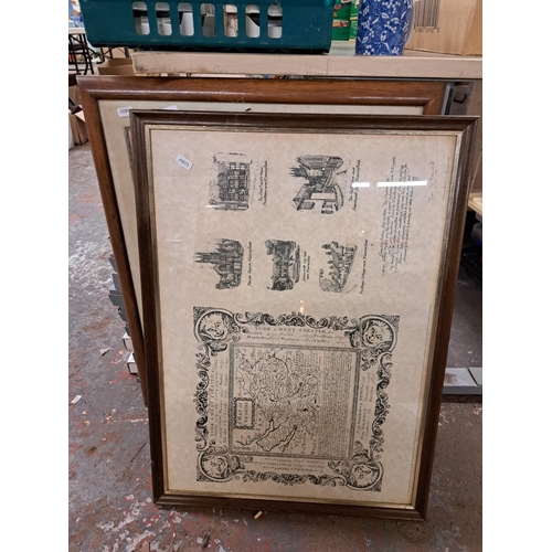 1157 - Five framed pictures and mirrors to include a map of Cheshire print, two embroideries etc.