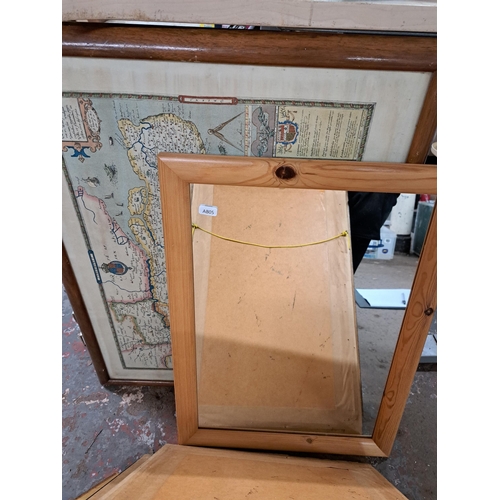 1157 - Five framed pictures and mirrors to include a map of Cheshire print, two embroideries etc.