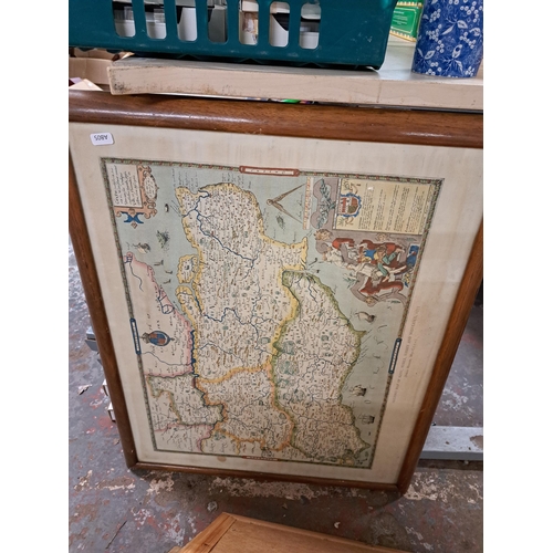 1157 - Five framed pictures and mirrors to include a map of Cheshire print, two embroideries etc.