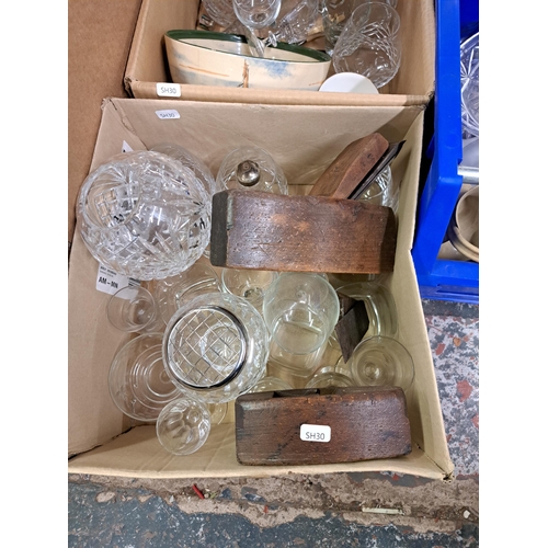 1169 - Four boxes containing antique wood planes, 19th century C. Meigh & Sons jugs, cut crystal glassware,... 