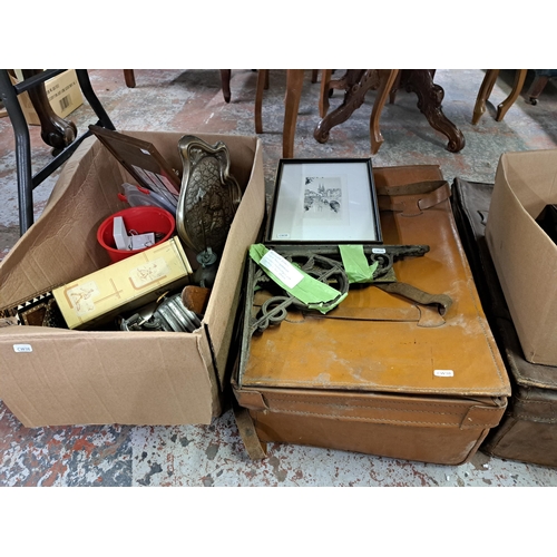 1170 - Three boxes and two vintage suitcases containing vintage etched white metal propelling pencil, silve... 