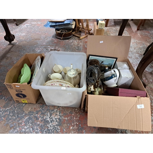 1171 - Three boxes containing silver plated cutlery, Carlton ware leaf bowl, Royal Doulton Juliet tea set, ... 