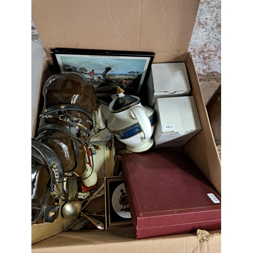 1171 - Three boxes containing silver plated cutlery, Carlton ware leaf bowl, Royal Doulton Juliet tea set, ... 