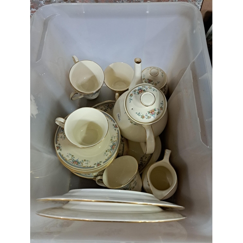 1171 - Three boxes containing silver plated cutlery, Carlton ware leaf bowl, Royal Doulton Juliet tea set, ... 