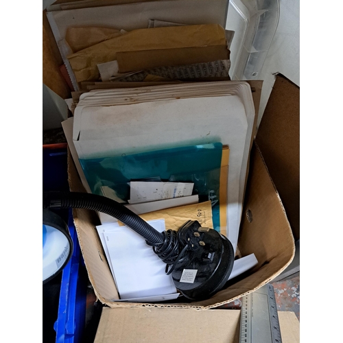 1181 - Four boxes containing table lamp, Rabone measuring and cutting scale, A4 paper etc.