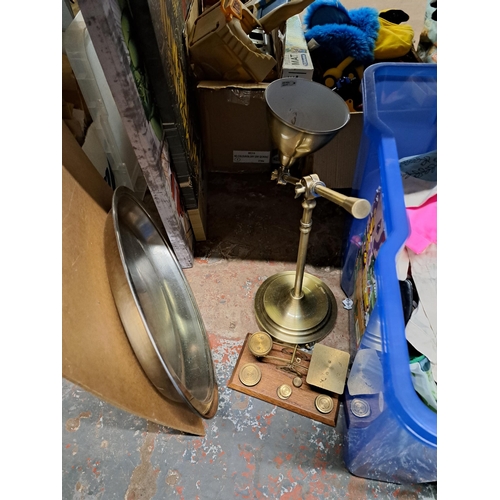 1182 - Two boxes containing brass effect table lamp, hip flask, hand bags etc.