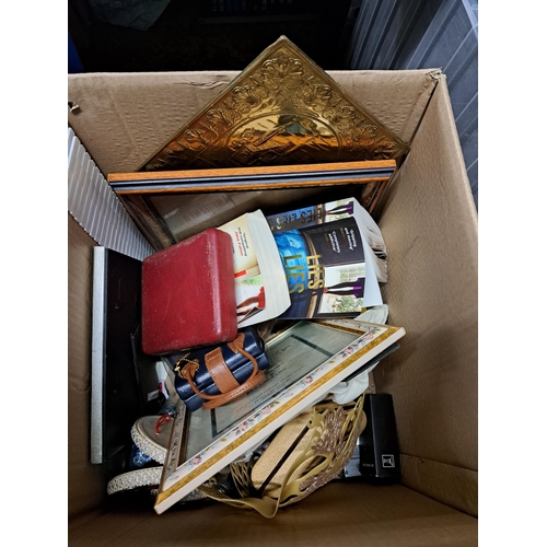 1182 - Two boxes containing brass effect table lamp, hip flask, hand bags etc.