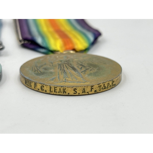 2013 - A WWI medal group presented to Pte. F. C. Leak. S. A. F. T&P. C. to include 1914-15 Star, War and Vi... 