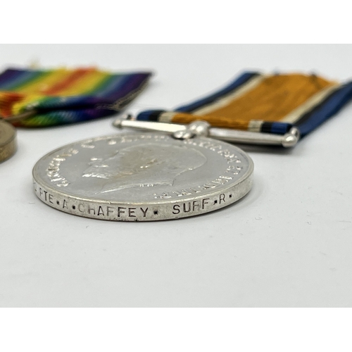 2014 - A WWI medal group presented to 12980 Pte. A. Chaffey. Suff .R. comprising 1914-15 Star, War and Vict... 