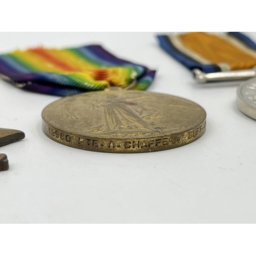 2014 - A WWI medal group presented to 12980 Pte. A. Chaffey. Suff .R. comprising 1914-15 Star, War and Vict... 