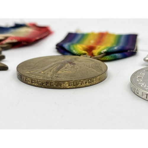 2014 - A WWI medal group presented to 12980 Pte. A. Chaffey. Suff .R. comprising 1914-15 Star, War and Vict... 