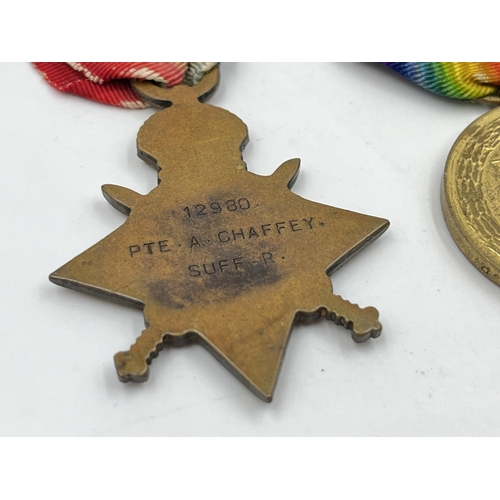 2014 - A WWI medal group presented to 12980 Pte. A. Chaffey. Suff .R. comprising 1914-15 Star, War and Vict... 