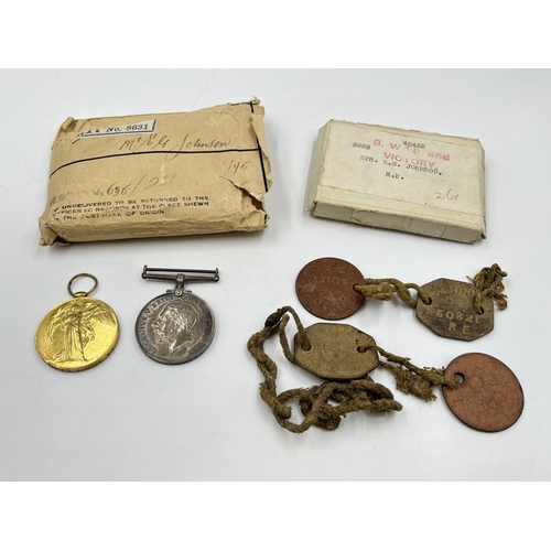 2018 - A WWI medal pair presented to 3223 Spr. E. G. Johnson. R. E. comprising Victory and War together wit... 