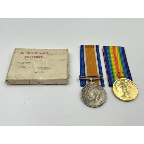 2019 - A WWI medal pair presented to M-314799 Pte. A. J. Anderson. A. S. C. comprising War and Victory