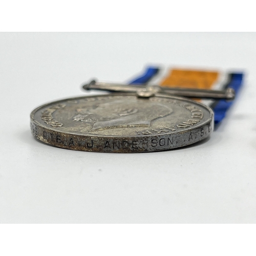 2019 - A WWI medal pair presented to M-314799 Pte. A. J. Anderson. A. S. C. comprising War and Victory