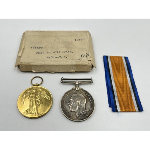 2026 - A WWI medal pair presented to 472402 Pte. W. Willerton. 2-Can. Inf. comprising War and Victory