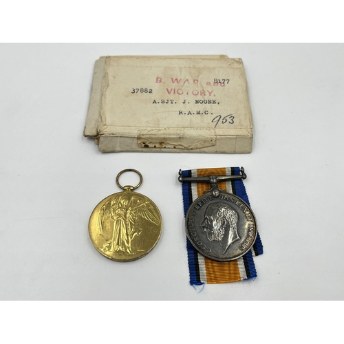 2035 - A boxed WWI British medal pair presented to 37882 A. Sjt. J. Noone R.A.M.C.