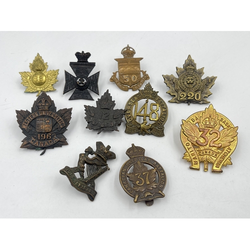 2095 - Ten military cap badges to include Canadian Overseas Battalion, Canadian Infantry etc.