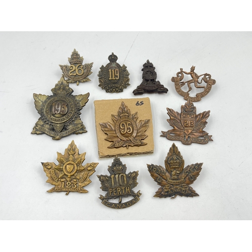 2122 - Ten military cap badges, nine Canadian and one other