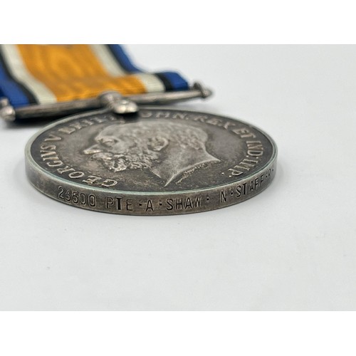 2016 - A WWI medal pair presented to 23500 Pte. A. Shaw. N. Staff .R. comprising War and Victory together w... 