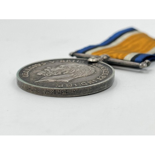 2016 - A WWI medal pair presented to 23500 Pte. A. Shaw. N. Staff .R. comprising War and Victory together w... 