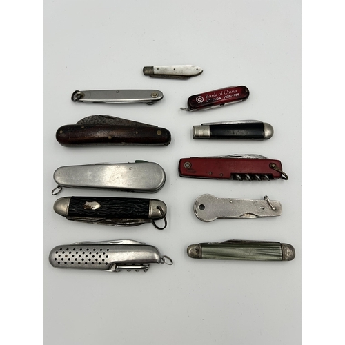 2368 - Eleven pocket knives to include hallmarked Sheffield silver and mother of pearl, Swiss Army, hallmar... 