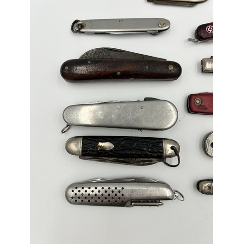 2368 - Eleven pocket knives to include hallmarked Sheffield silver and mother of pearl, Swiss Army, hallmar... 