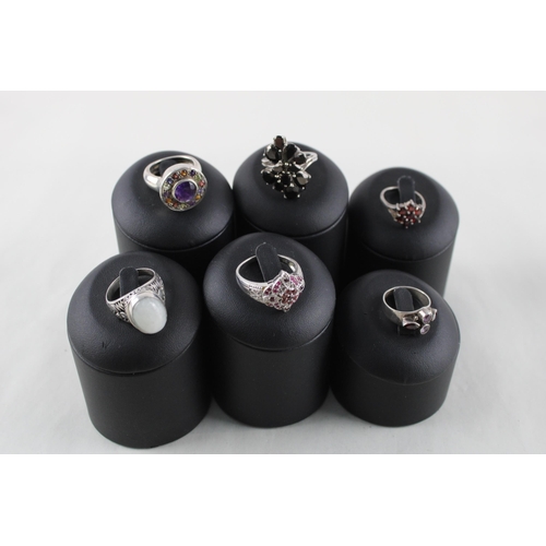 2022 - Six silver gemstone set cocktail rings - approx. gross weight 37g