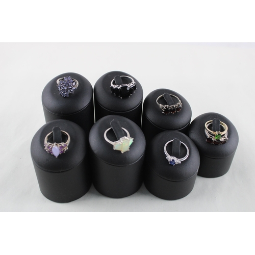 2027 - Eight silver gemstone set rings - approx. gross weight 33g