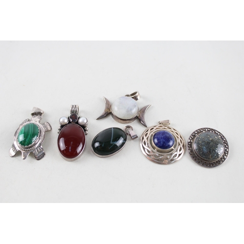 2030 - Six silver mounted gemstone pendants - approx. gross weight 55g