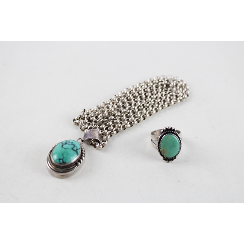 2042 - Two pieces of Carolyn Pollack silver turquoise set jewellery, one pendant necklace and one ring - ap... 