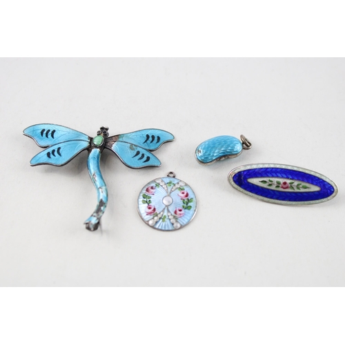 2051 - Four pieces of antique silver and enamel jewellery to include Charles Horner pendant - approx. gross... 