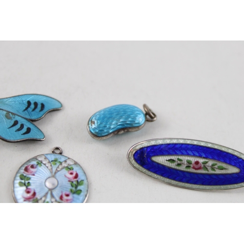 2051 - Four pieces of antique silver and enamel jewellery to include Charles Horner pendant - approx. gross... 