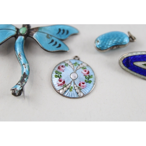 2051 - Four pieces of antique silver and enamel jewellery to include Charles Horner pendant - approx. gross... 